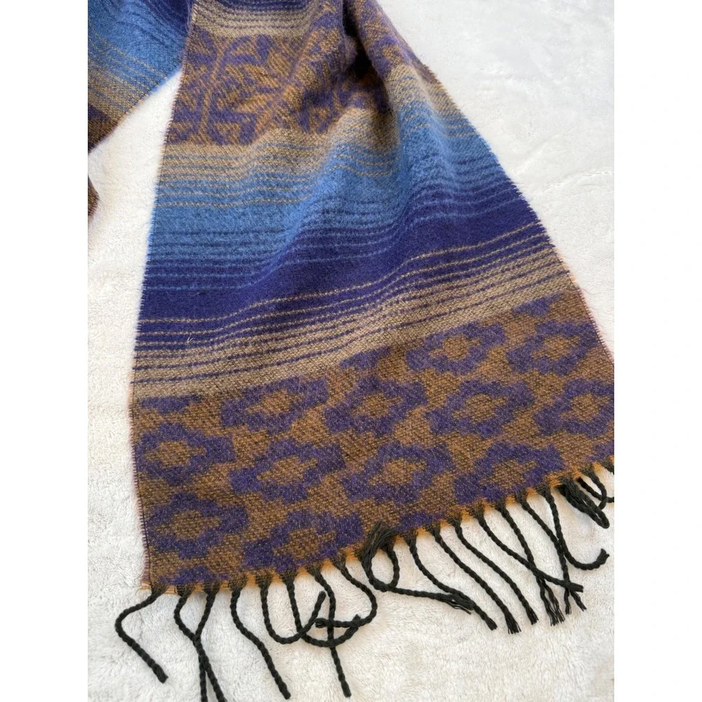 Striped Geometric Pattern Scarf Made in‎ Italy Acrylic Blue Brown Fringed